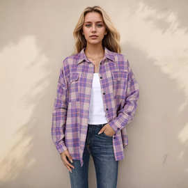 2024亚马逊女装秋冬新款 跨境欧美休闲时尚Oversize宽松格子衬衫