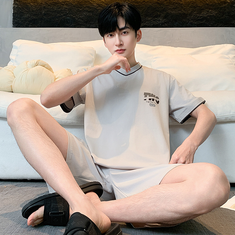 100% 純綿パジャマ男性半袖夏の薄いタイプの青少年カジュアルでゆったりした綿100% の家庭服セット