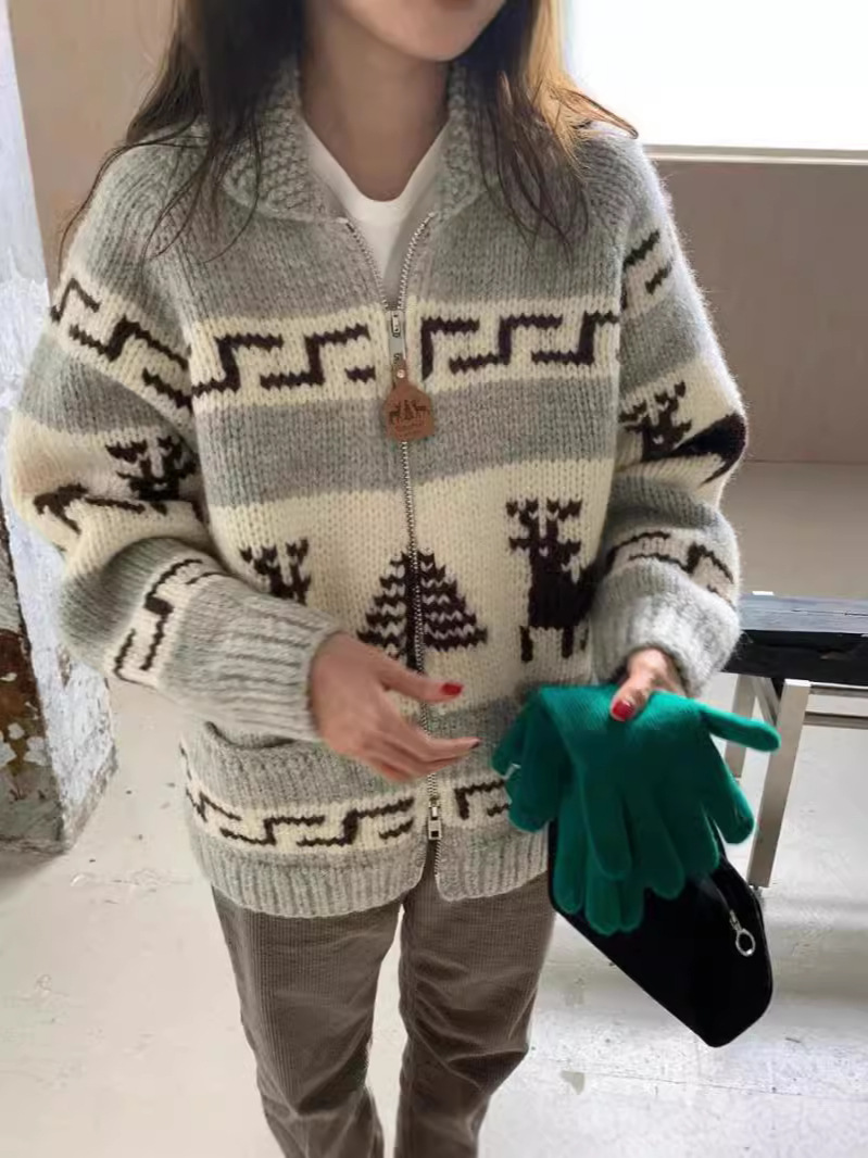 Corea del año 2024 otoño invierno nuevo estilo de Navidad industria pesada jacquard cardigán jersey abrigo perezoso mujer image 6