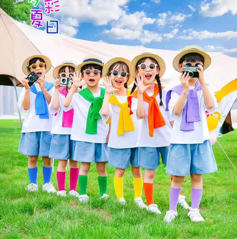 儿童演出服幼儿园班服男女童彩色T恤套装小学生六一节舞蹈表演服