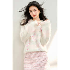 2025秋冬新款法式温柔甜美粉色软糯绵羊绒亮片别致套头针织毛衣女