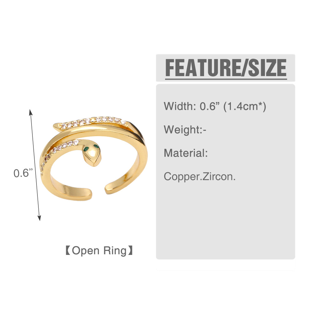 Fashion simple opening adjustable snake-shaped zircon copper ring
