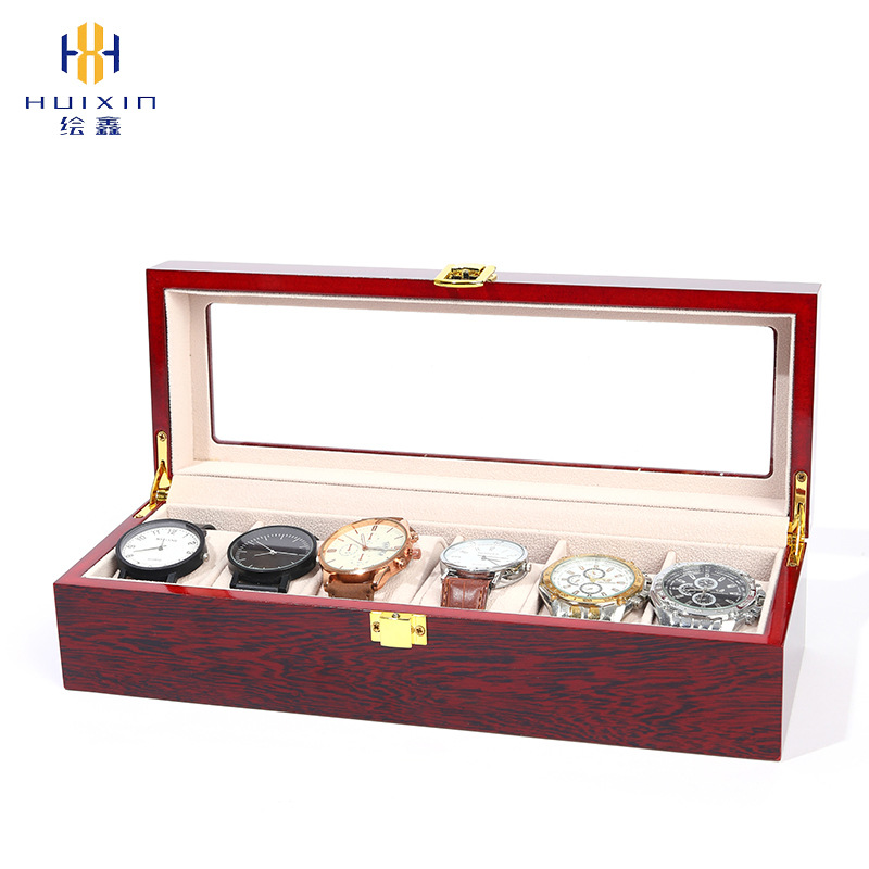 Caja de reloj pintada de 6 bits Flip rojo pintura brillante reloj caja de almacenamiento caja de reloj de madera artesanal