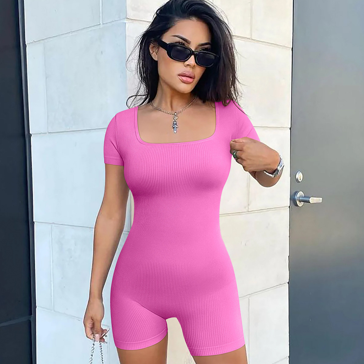 2025欧美跨境女装性感纯色常规袖U字领紧身辣妹运动纯色连体裤