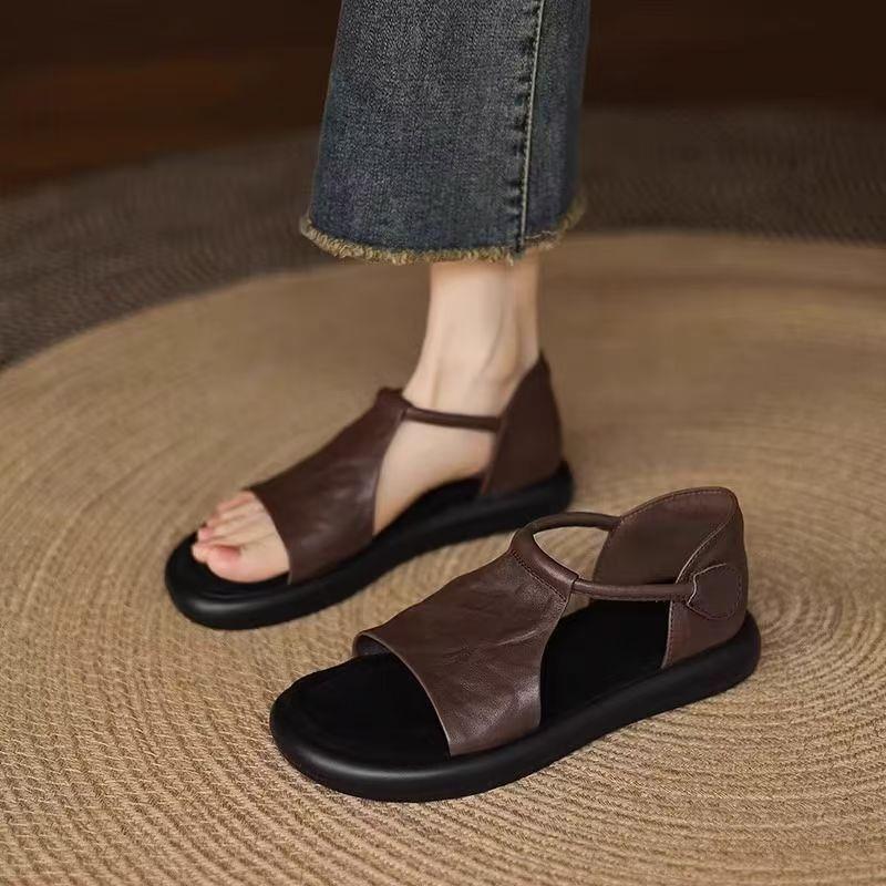 Soft Leather Sandals for Women 2026 Summer New Style Flat-Soled Velcro Casual Open-Toe Soft-Soled Sandals for Women Roman Shoes Soft Leather Sandals for Women 2026 Summer New Style Flat-Soled Velcro Casual Open-Toe Soft-Soled Sandals for Women Roman Shoes