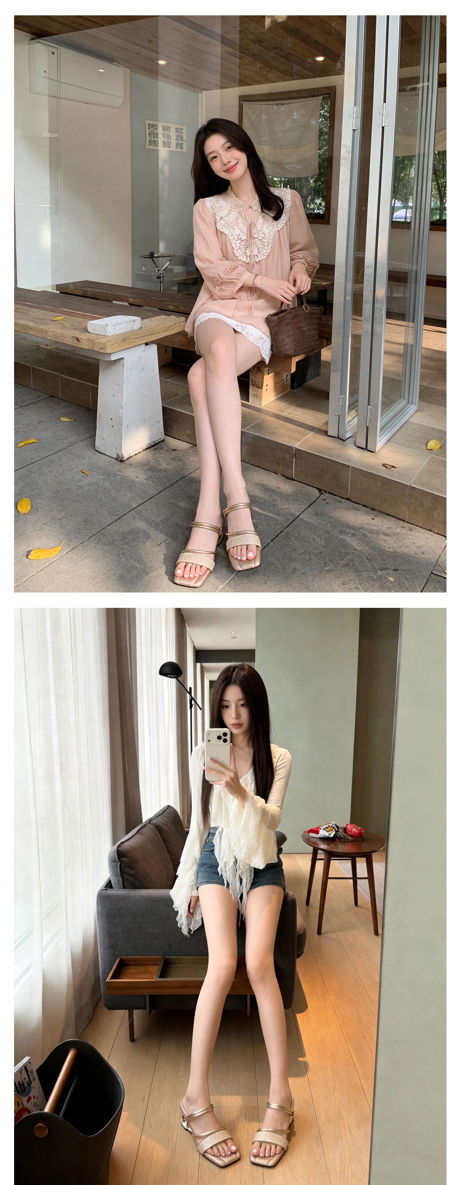Sandal cao gót nữ quai mảnh mũi vuông hở mũi, gót dị hình, có thể xỏ kiểu một dây hoặc hai dây — màu vàng, bạc chi tiết 11