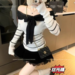 辣妹蝴蝶结撞色条纹一字领露肩针织衫女2025新款春秋冬小众修身上