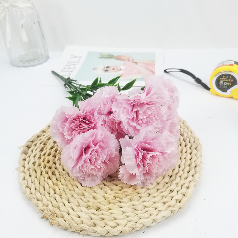 Xiaoyu Simulation Flower 7 Claveles Manlos de estilo europeo Ramo de claveles del día de la madre Paquete suave interior al por mayor