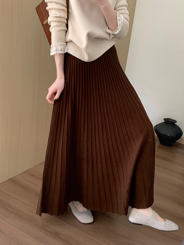 高腰显瘦加厚针织百褶半身裙2025冬季新款韩版百搭休闲淑女风伞裙|undefined