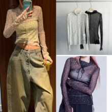 韩国小众25春款蕾丝网纱透视凯蒂猫碎花满印高领长袖打底衫