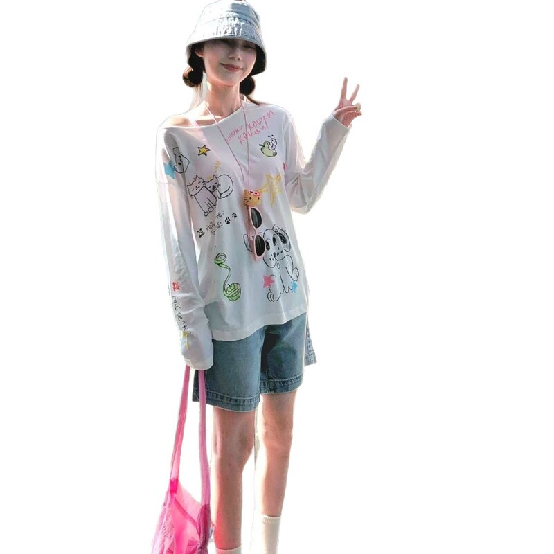 韓国の甘い女の子楽しい落書きプリント日焼け止めブラウス女性のための夏 2025 新しい薄いメッシュルーズで多用途なトップ|undefined