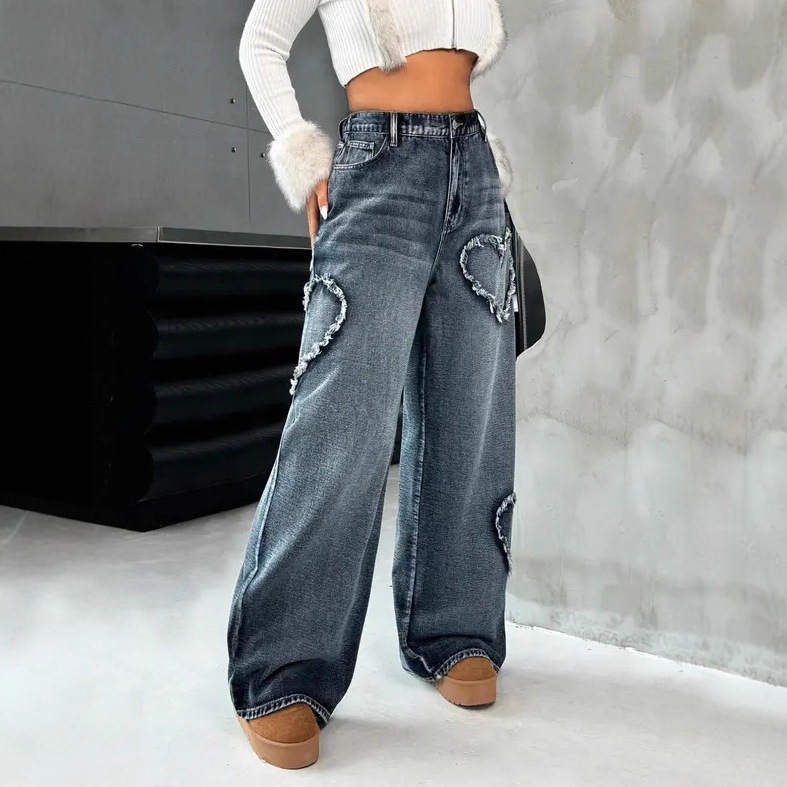 European And American Cross-Border Street Retro Heart Frayed Edge Patchwork Heavy Washed Denim Women's Loose Straight_ecoleips.com