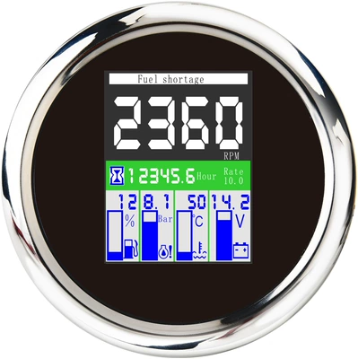 85mm Five-In-One Multifunctional Gauge for Vehicles and Boats: Tachometer, Timing Meter, Oil Level, Voltage, Oil Pressure, Water Temperature, with Alarm, 12V/24V (automobile instrument) - silver-edge-black-bottom