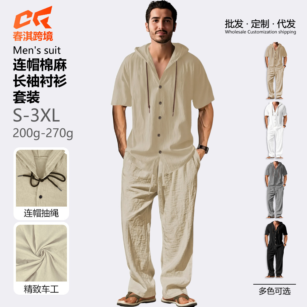 Transfronterizos Amazon Europa y Estados Unidos hombres trajes deportivos casuales con capuzas camisas de mangas largas de algodón y lino sueltas pantalones largos trajes para hombres