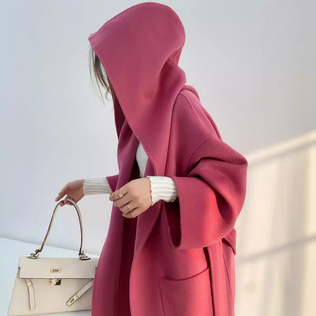 High-grade Double-sided Cashmere Coat Women's Mid-length Thickened plus size Loose Hooded plus size Rose-red Korean Woolen Coat