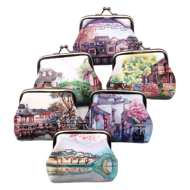 Retro nostálgico antiguo paisaje de la ciudad de impresión de las mujeres monedero bolso de la moneda del estudiante 3D creativo hebilla dumpling pequeña cartera