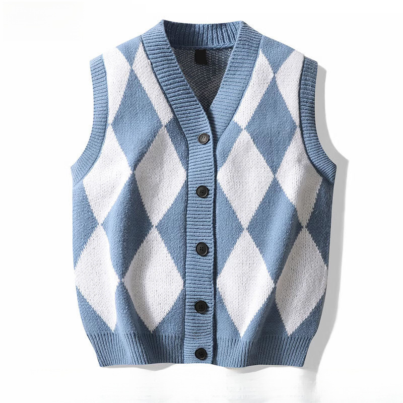 Spring and Autumn Diamond-Shaped Loose-Fitting Men's Vest, Sleeveless Waistcoat, Color-Blocking Knitted Top, in Stock, Other Brands Available
