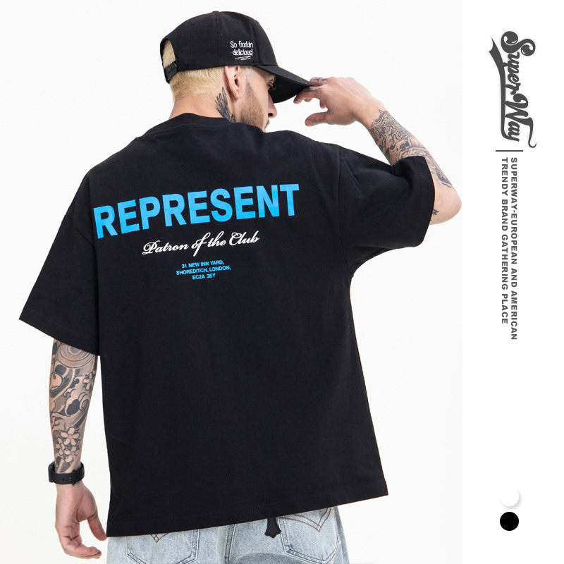 FG men's clothing | 2022 spring and summer new high street Tide brand blue letter slogan logo printed short sleeve T-shirt men's loose FG men's clothing | 2022 spring and summer new high street Tide brand blue letter slogan logo printed short sleeve T-shirt men's loose