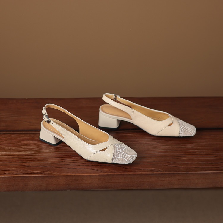 Sandal cao gót nữ hở mũi da cừu lưới phối màu quai ngang khóa — màu đen, màu trắng ngà chi tiết 80
