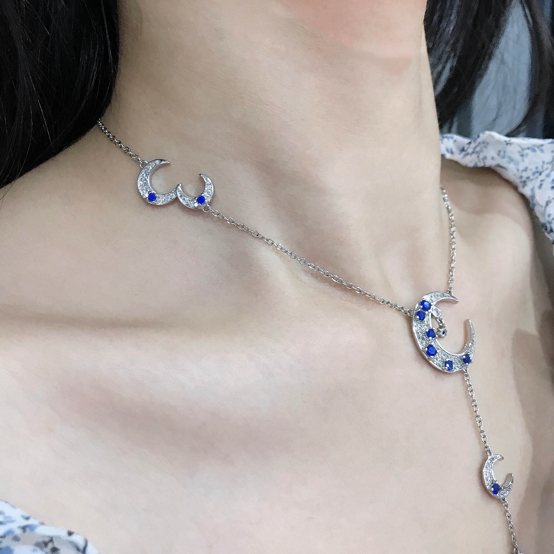 Niche Ins Style Micro Inlaid Zircon Star Moon Y-shaped Mid-length Clavicle Chain Dark Blue Sun Moon Star Necklace display picture 6