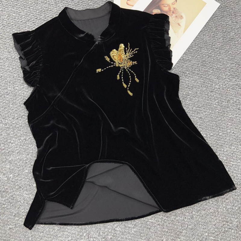 2026 New Style New Chinese-Style Stand Collar Beaded Sequin Mulberry Silk Velvet Flutter Sleeve Top Elegant Age-Reducing Shirt for Women