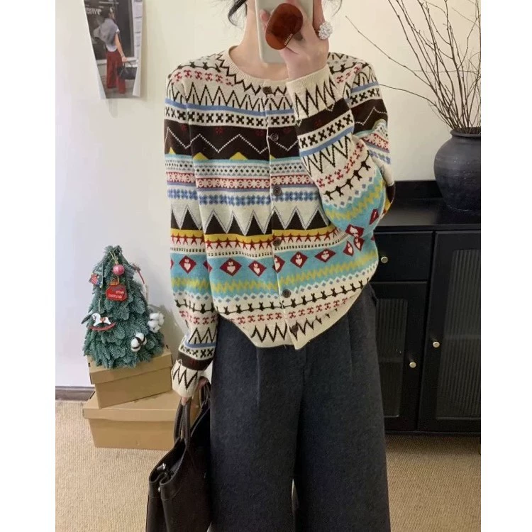 [Ультра тонкая овечья шерсть] Fair Island ретро национальный стиль жаккард с круглым вырезом трикотажный кардиган женский осенний зимний свитер куртка