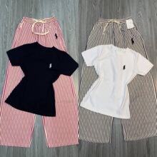 东南亚时尚套装女夏季新款小马刺绣短袖条纹阔腿裤休闲两件套大码