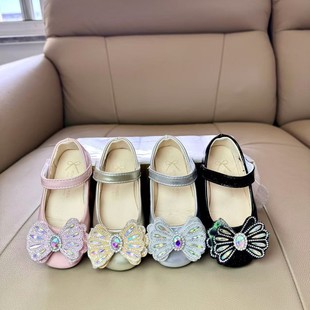 Girls Princess Shoes 2024 Spring and Autumn New Children's Baby Shoes Soft Bottom Rhinestone Princess Leather Shoes Girls Performance Shoes