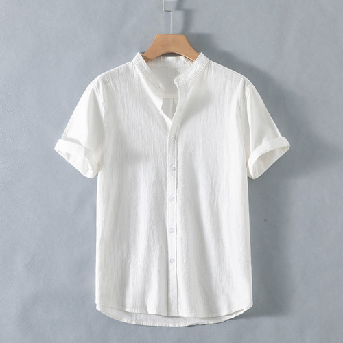Men's Summer Linen Shirt, Thin, Plain Color, Large Size, Short Sleeve, Casual Stand Collar, Cotton Linen Shirt Outerwear