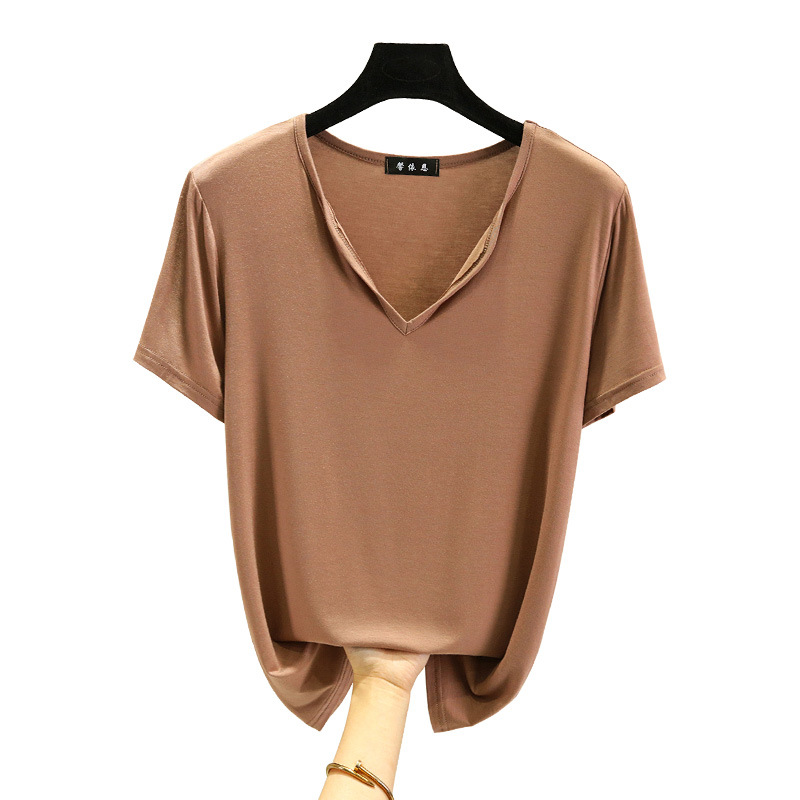 Modest Short Sleeve Women's Summer V-Neck Basic T-Shirt Thin Model Slimming Top for Layering T-Shirt Versatile Plus Size Loose Plain Color Upfront