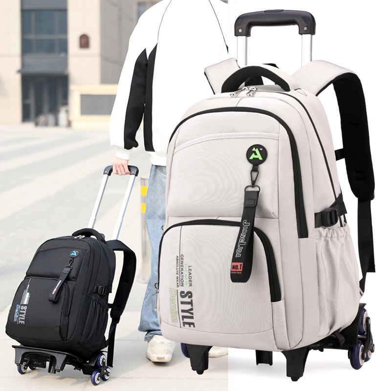 Escuela de escuela primaria transfronteriza de pescado natural, mochila escolar con barra de ruedas para niños y niñas, mochila desmontable con reducción de carga de gran capacidad de color sólido