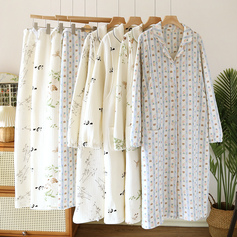 Yuezi Clothing for Delivery Skirt Plus Pants Two-piece Set Air Layer Pure Cotton Autumn and Winter Cartoon Nursing Nightgown Pregnant Women Yuezi Clothing for Delivery Skirt Plus Pants Two-piece Set Air Layer Pure Cotton Autumn and Winter Cartoon Nursing Nightgown Pregnant Women