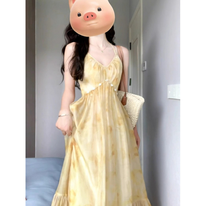 高级感黄色碎花吊带连衣裙子女夏季2025新款海边度假法式气质长裙|undefined