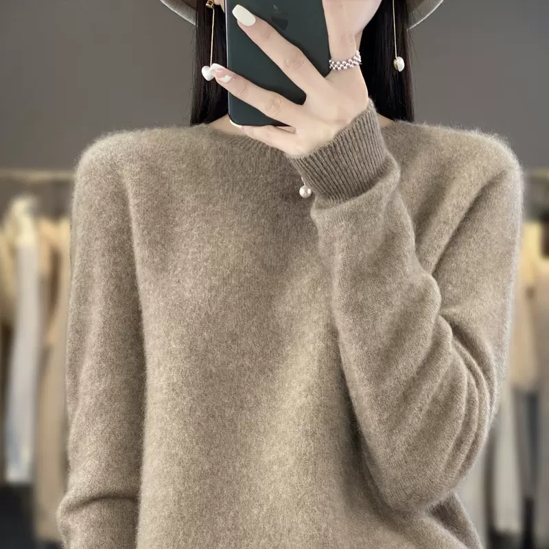 秋冬新款套头一线成衣圆领羊毛衫女宽松针织打底毛衣长袖纯色上衣