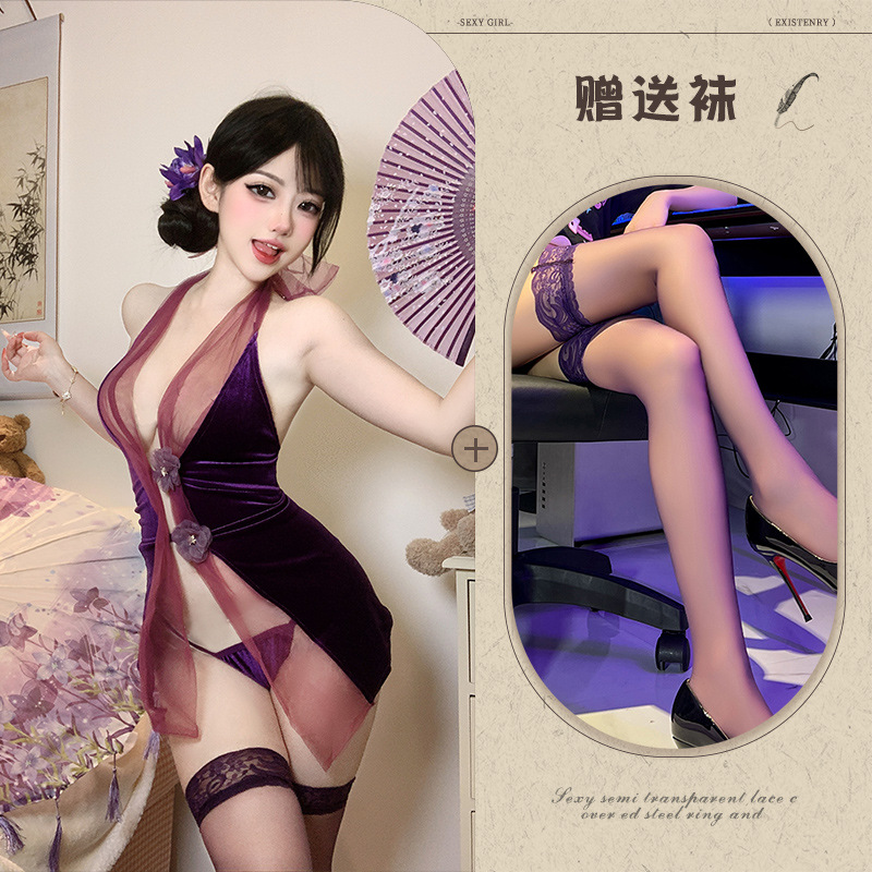 보라색[치파오+T바지]+검정스타킹