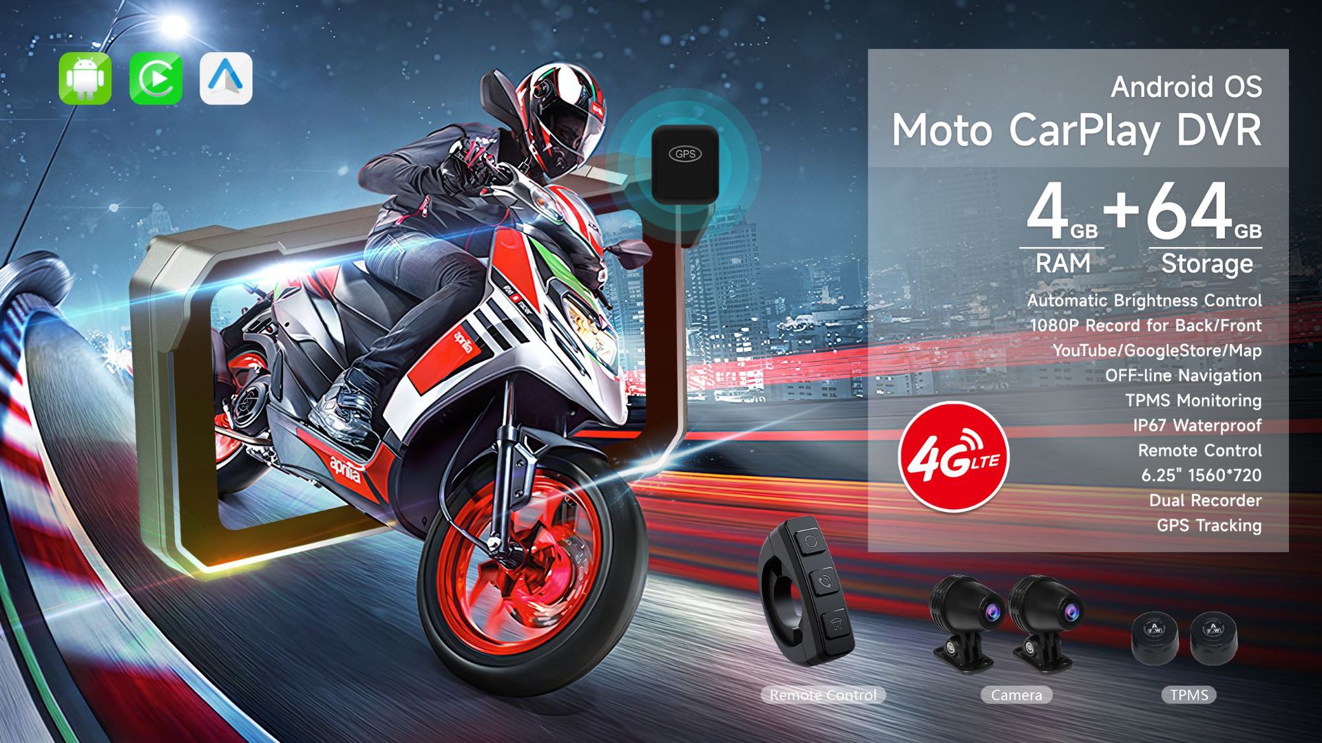 Cross-Border 6-Inch 4g Motorcycle Dashcam with Carplay, Waterproof Tire Pressure Monitoring, and Navigation Recorder