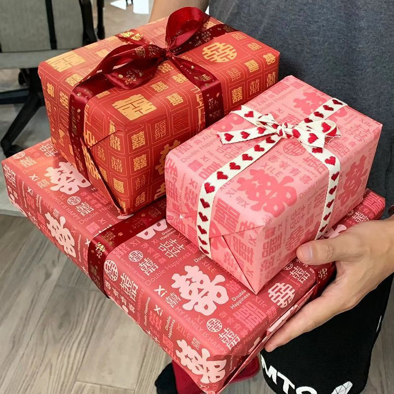 結婚式の使い捨て包装紙ブラインドボックス百喜図赤色プレゼント用品喜糖包装|undefined
