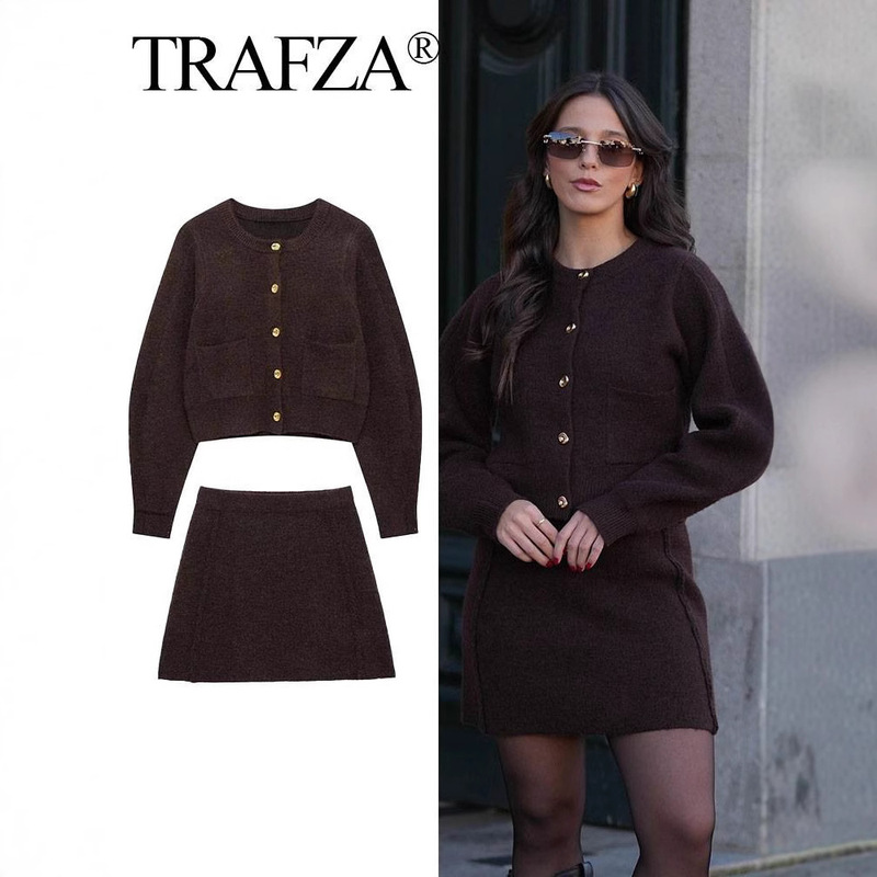 Cross-Border Exclusive Shein Women's Clothing Round Neck Long-Sleeve Knit Jacket High-Waisted Mini Skirt Casual Set