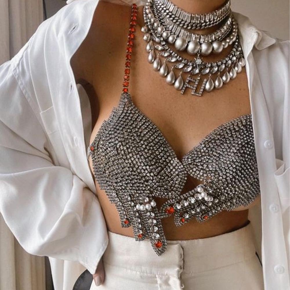 Nueva Cadena de pecho de diamantes de imitación europea y americana sexy en forma de Palma Halter completo de diamantes Cadena de pecho bikini cuerpo cadena accesorios cadena