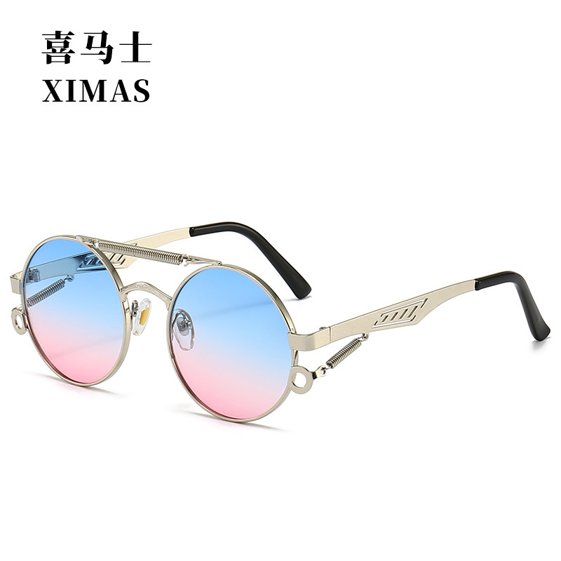 Street hip hop glasses steam punk style round sunglasses retro spring leg double beam metal glasses Prince glasses