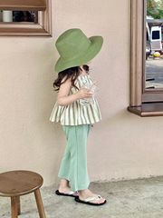 Take the 2023 Summer Girls' Child Fresh Vertical Striped Knot Tank Top + Loose Bell Bottom Pants Set separately