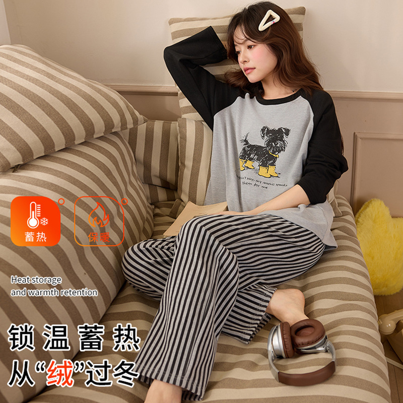 Pajamas for Women in Autumn and Winter, Silk Wool and German Velvet Thickened Long-Sleeved Round-Neck Pullover Cartoon Thermal Storage and Warm Home Wear