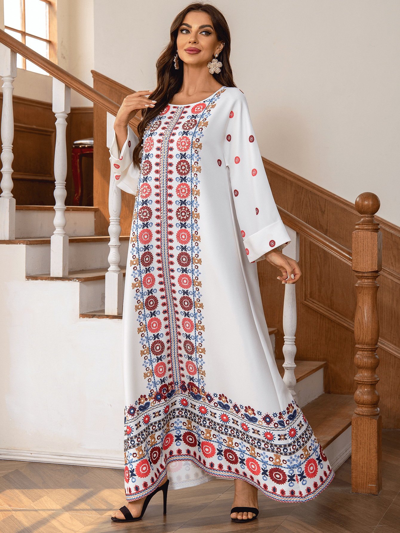 ZD028 Cross-border Middle Eastern Foreign Trade Muslim Ethnic Long Dress With Printed Gold Foil And Beading Elegant_ecoleips.com