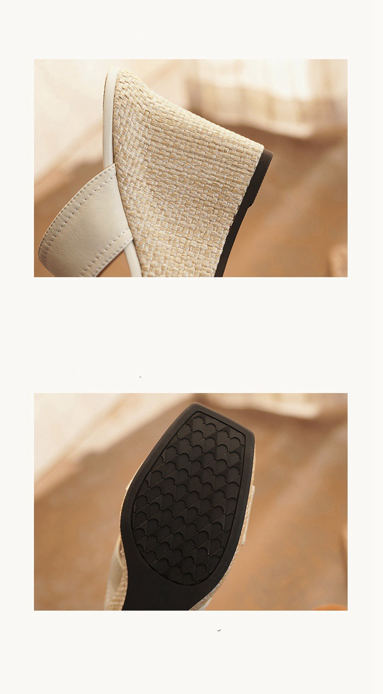 Sandal cao gót nữ hở mũi da dê đế xuồng dày — màu nâu chi tiết 8