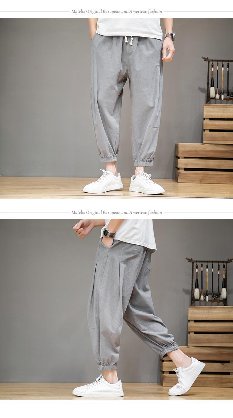 Pantalon lanterne en coton et lin de sport d'été à sept points, pantalon ample à la cheville Haren pour hommes_voghion.com