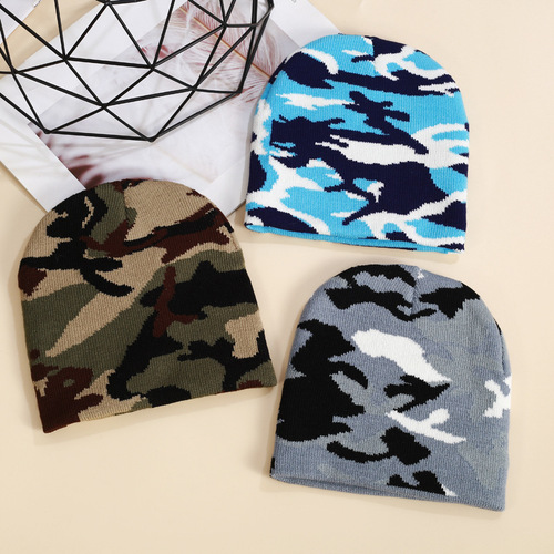 Camouflage Pattern Knit Beanie Autumn/Winter Brimless Cap Woolen Hat Parent-Child Hooded Hat Outdoor Skiing Warm Hat