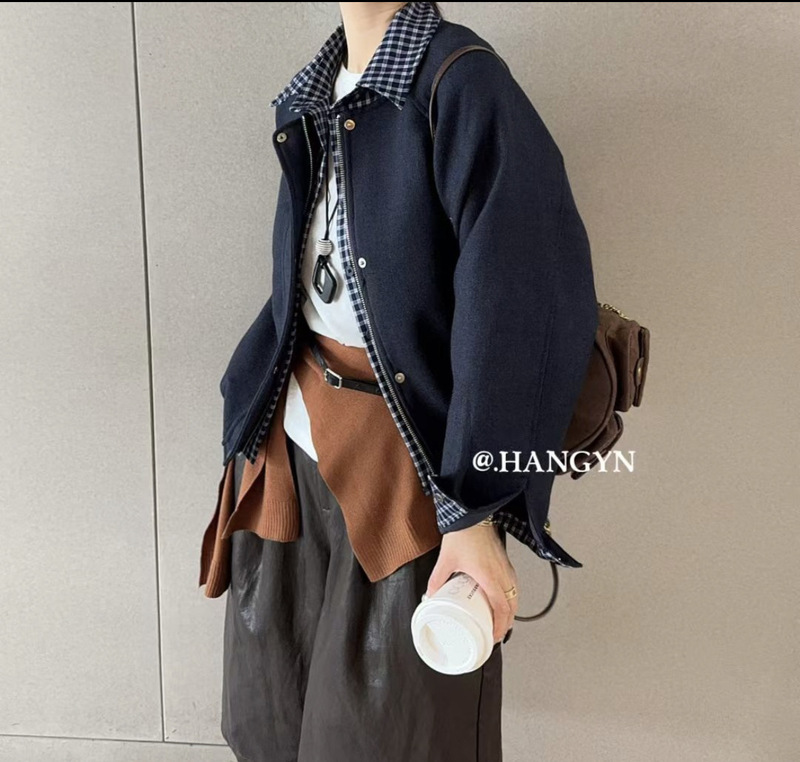 琪镌绘制翻领格子衬衫拼接假两件呢子短外套女秋季宽松休闲感上衣|undefined