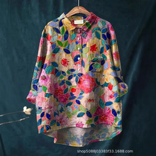 2025跨境外贸新款 3D花卉印花 秋季女装宽松翻领休闲大码女装衬衫