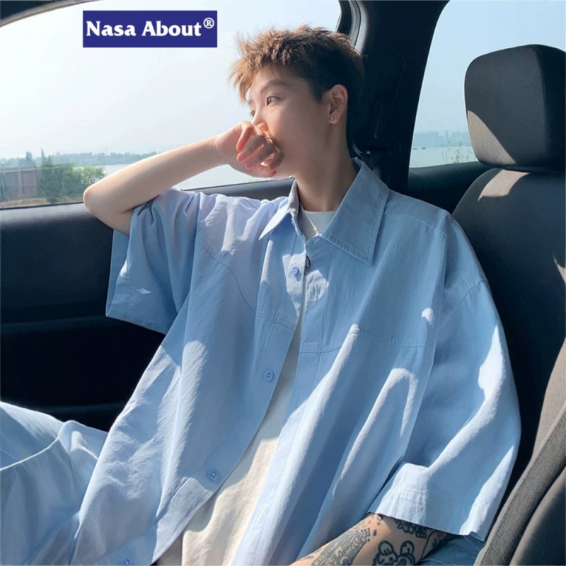 Nasa Solid Color Short-Sleeved Shirt Men's New Summer Youth Casual Loose Shirt Trendy Brand Five-Quarter Sleeve Jacket