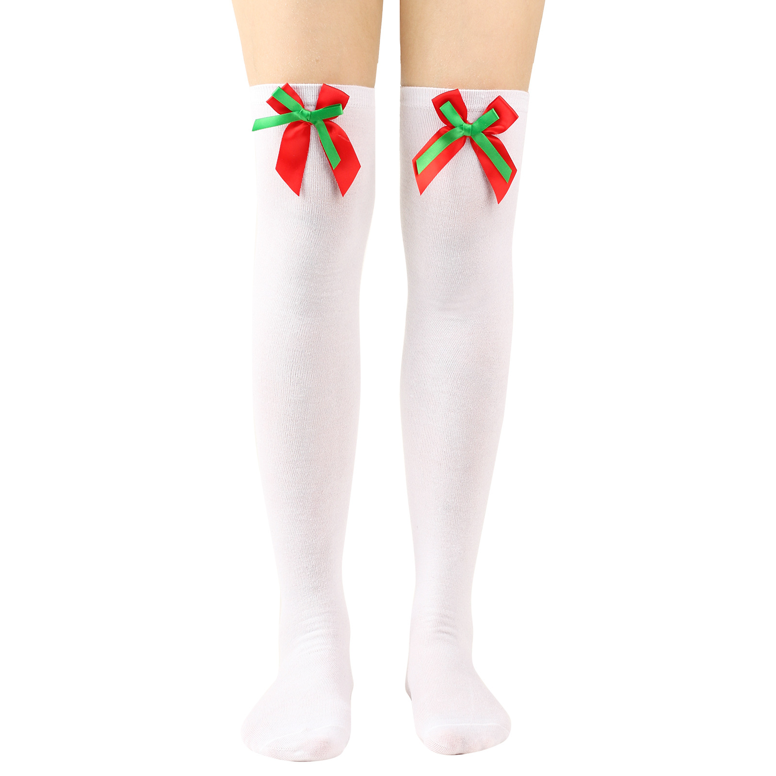 Calzini natalizi unisex con fiocco, calzini a palla, sopra il ginocchio, calzini lunghi da donna, calzini natalizi a righe_voghion.com